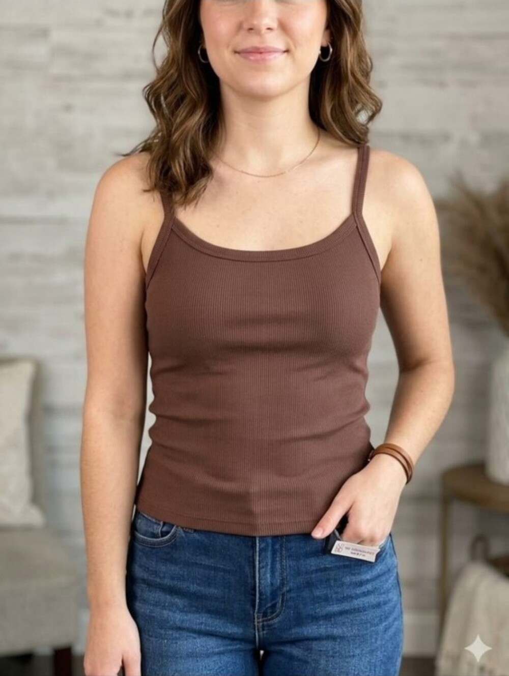 No Boundaries Brown Ribbed Camisole Tank with Spaghetti Straps